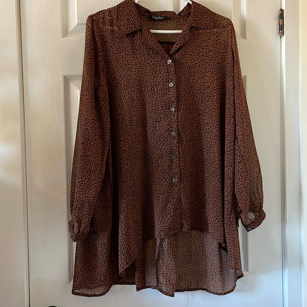 Papillon sheer leopard cheetah tunic blouse rust cognac autumn  plus petite